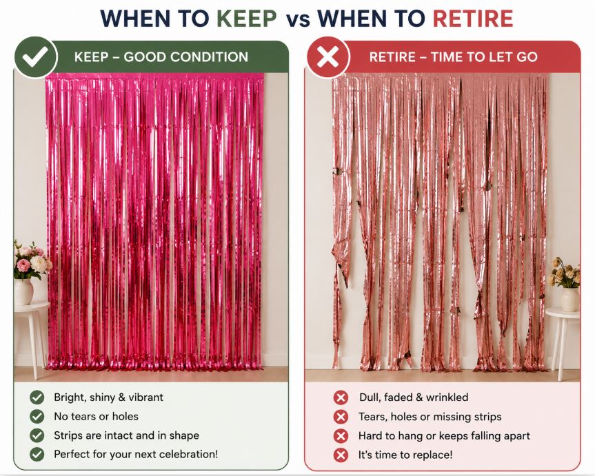 Comparison between well-maintained and worn-out foil curtain for party decor/decorish.pk 