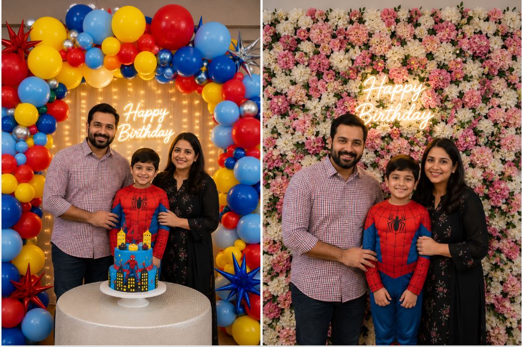 Photo comparison showing balloon arch versus flower wall as party backdrops/decorish.pk
