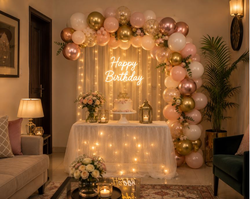 Cozy birthday party decoration setup in a Lahore home/decorish.pk