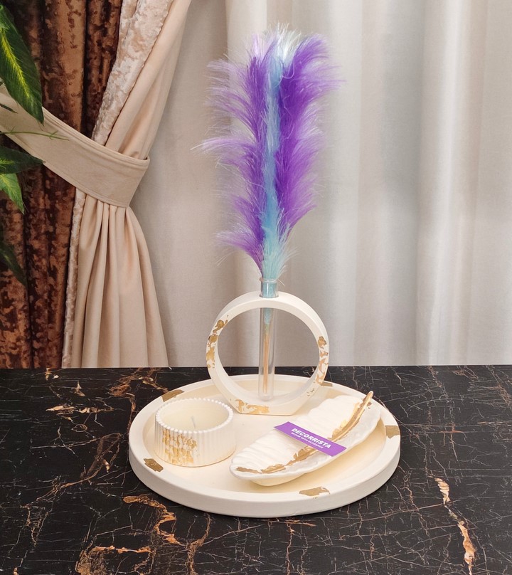 Large Round Tray, Trinket Pot, Feather Leaf Tray & Circle Vase Bundle 15
