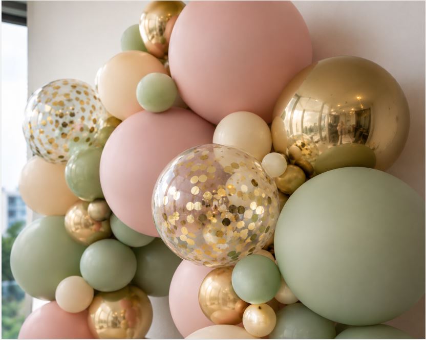 Matte, chrome, and confetti balloon finishes for Karachi decoration/decorish.pk