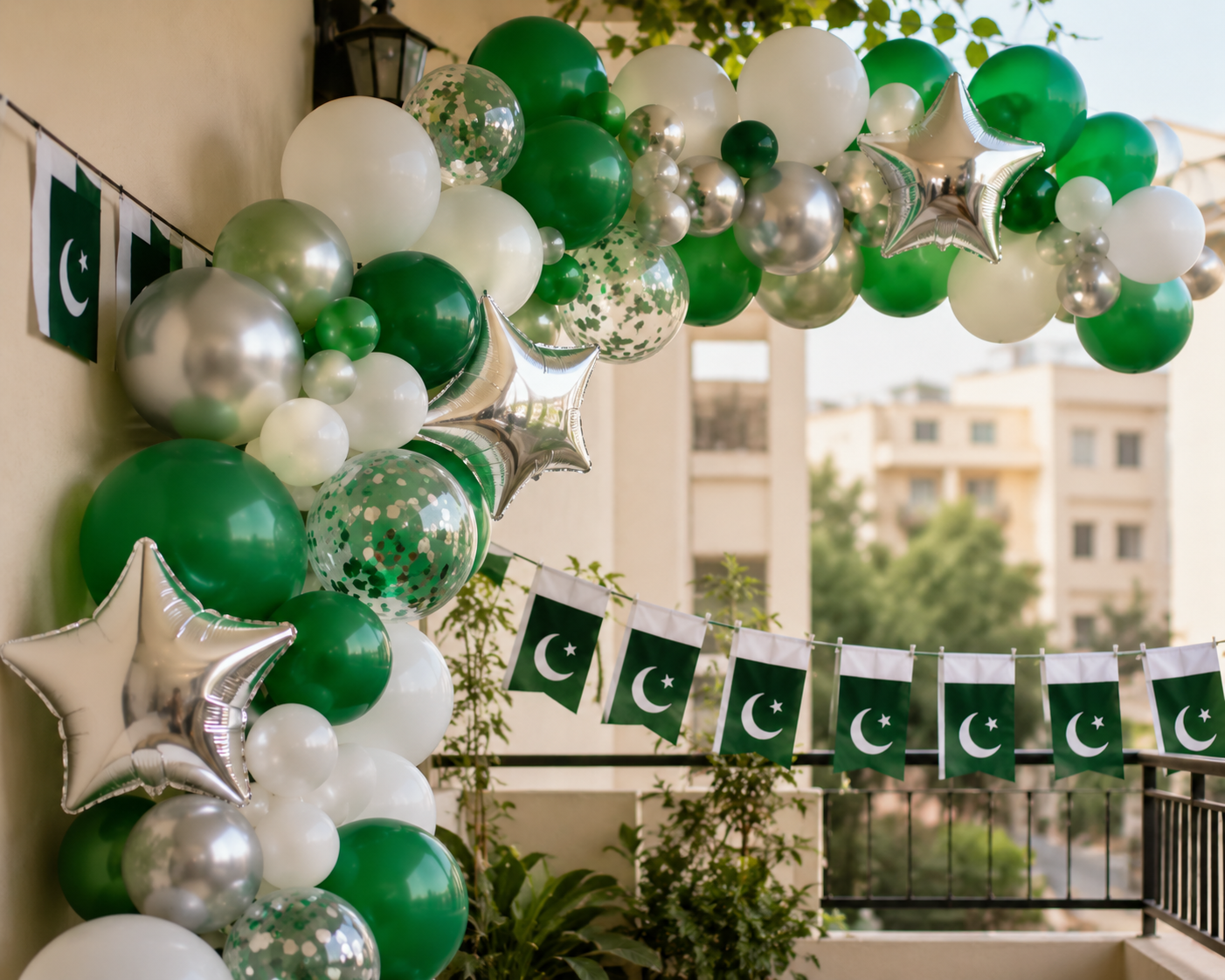 Green and white balloon garland with flag bunting for 14 August/decorish.pk