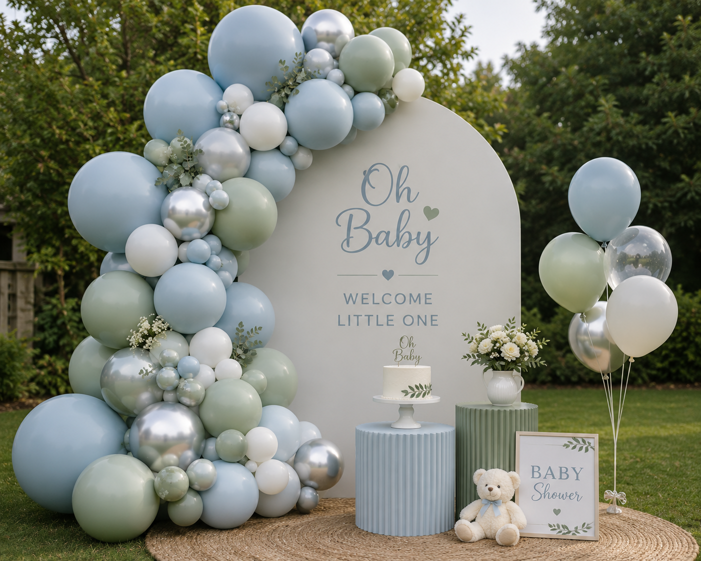 Sage and dusty blue baby shower palette popular in Islamabad/decorish.pk