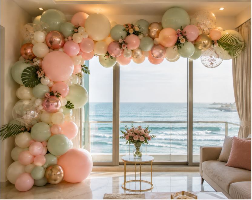 Organic balloon garland style popular in Karachi homes/decorish.pk