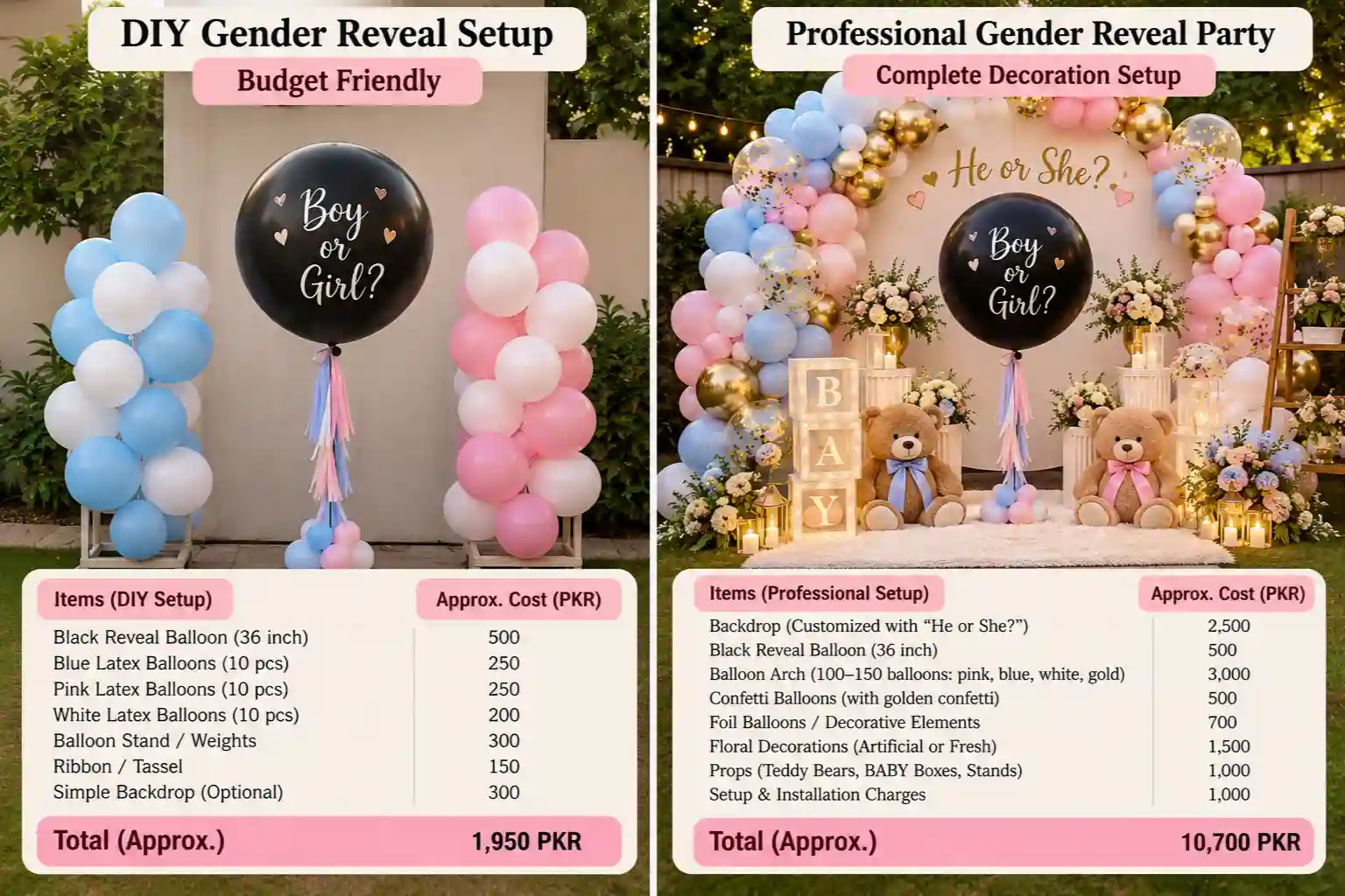 Budget comparison for gender reveal decoration ideas Pakistan/decorish.pk